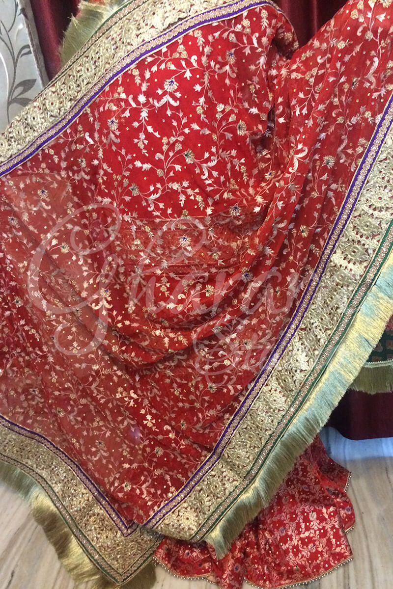 Red Gharara with Blue & Green
