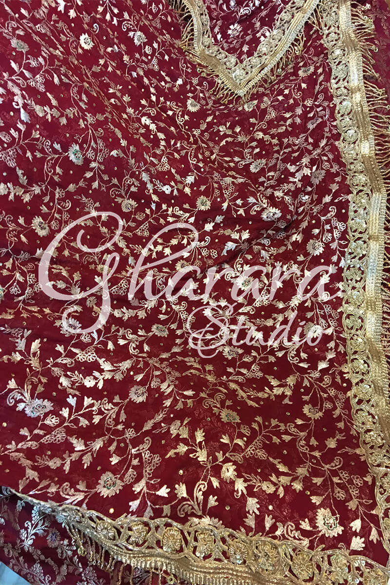 Maroon kamkhwab Gharara with Dabka Cutwork lace