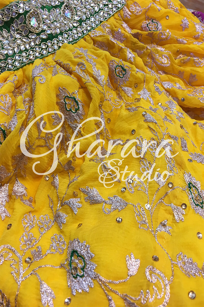 Yellow Georgette Gharara with Green border