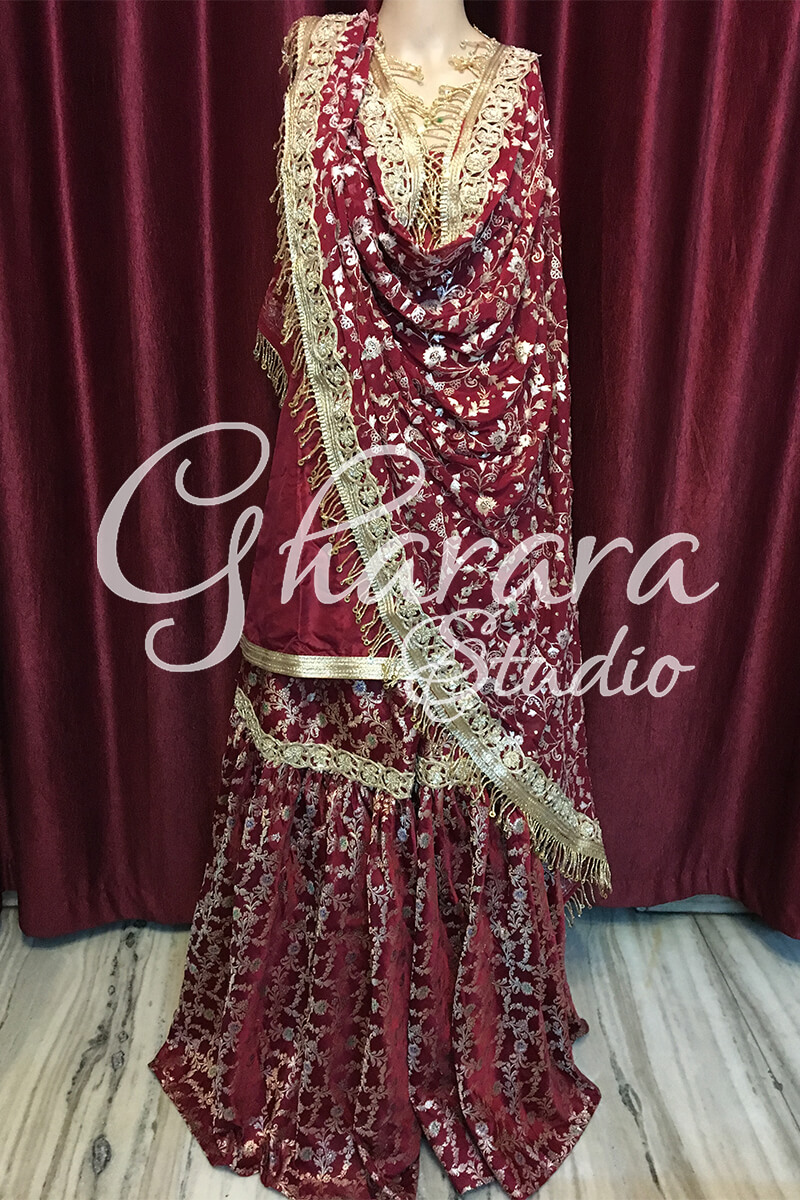 Maroon kamkhwab Gharara with Dabka Cutwork lace